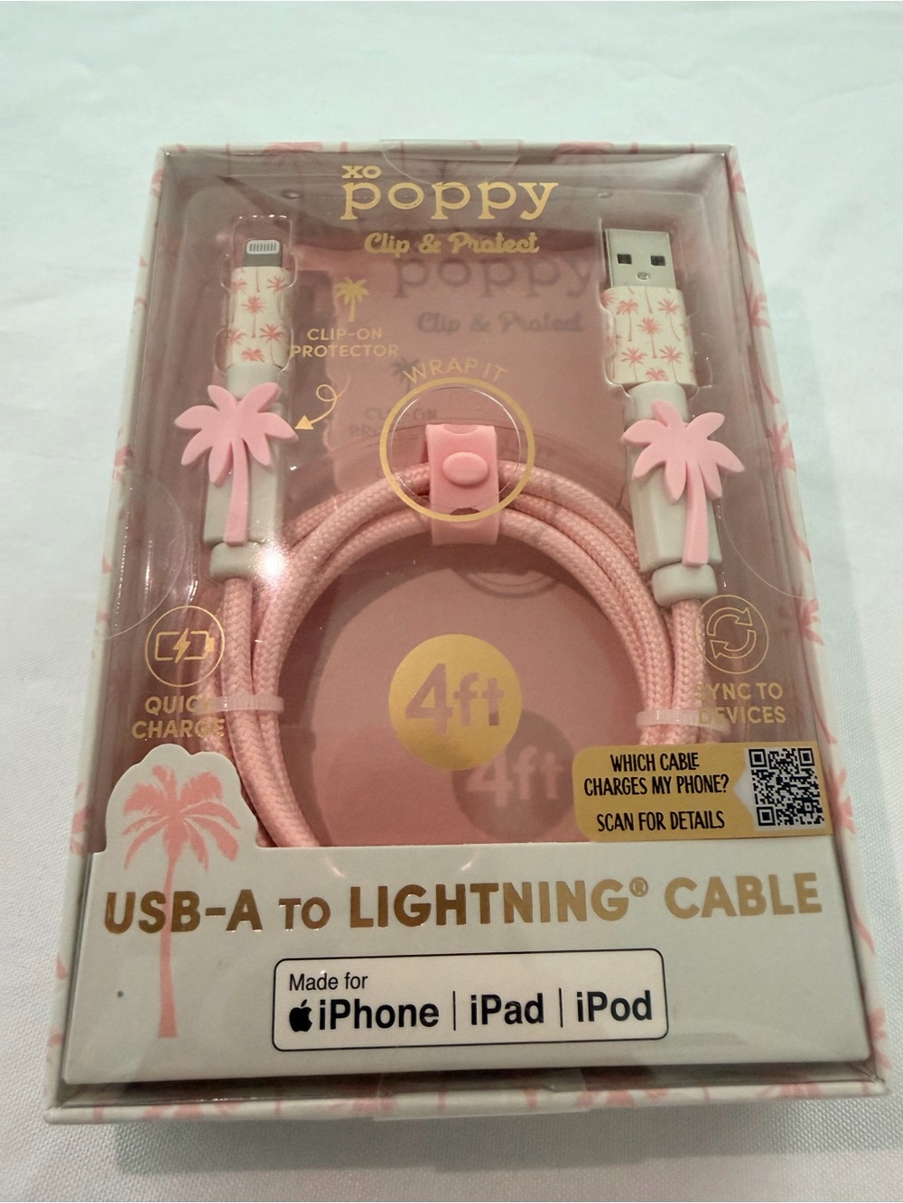 XO Poppy Clip & Protect USB-A to Lightning Cable – 4ft